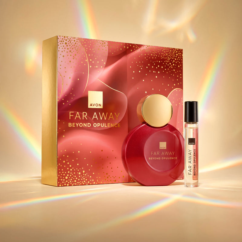 Avon Far Away Beyond Opulence perfume set featuring a red and gold outer box, a Far Away Opulence Eau de Parfum red round perfume bottle with a gold cap, and a matching Purse Spray bottle, set against a gold background.