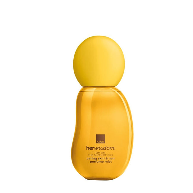 A yellow bottle of Avon Her Wisdom Sim Sim Queen of Oils Caring Skin & Hair Perfume Mist on a solid white background.