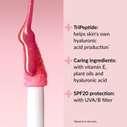 Avon Make Up +Care Peptide Serum Lip Gloss contains tripeptides, vitamin E and SPF20 UVA/B filter protection to help skins own hyaluronic acid production and to protect your lips.