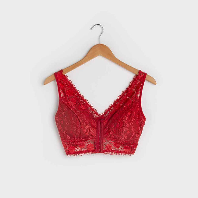 Lace Overlay Bra - Red